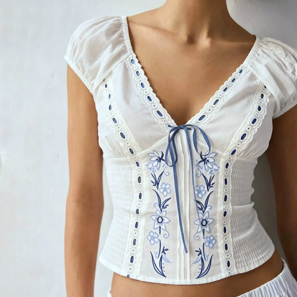 LaPose - Maliah Floral Embroidered Shirred Top
