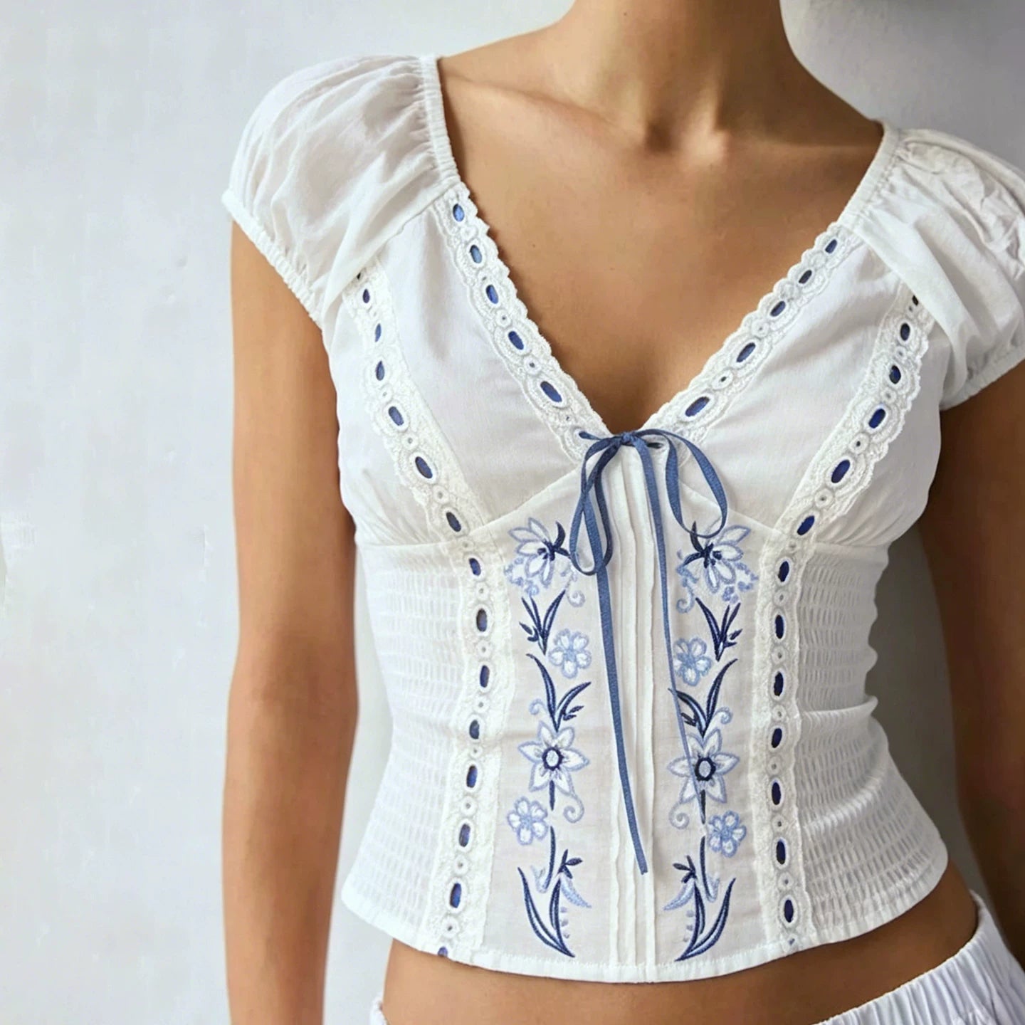 LaPose - Maliah Floral Embroidered Shirred Top
