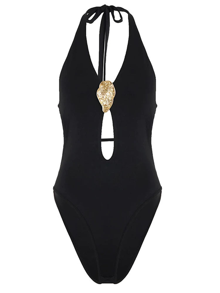LaPose - Manal Metal Buckle Halter Bodysuit