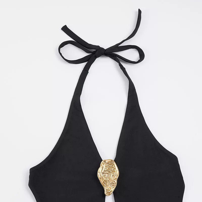 LaPose - Manal Metal Buckle Halter Bodysuit
