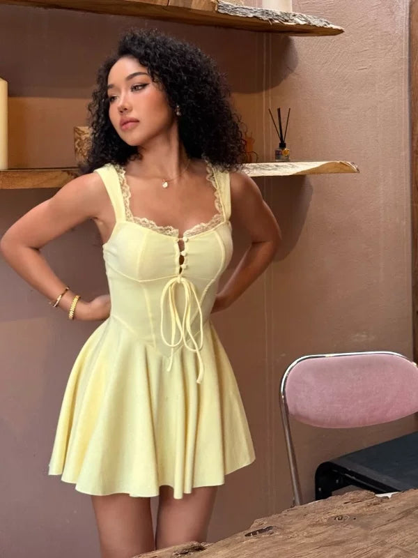 LaPose - Marcela Lace Trim Corset Mini Dress - Yellow Color