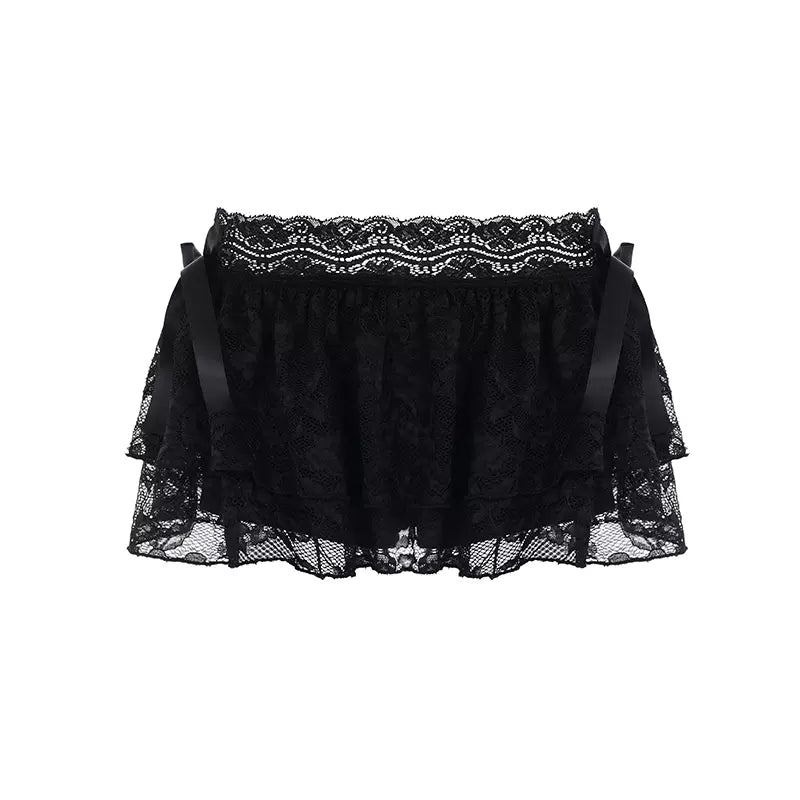 LaPose - Marci Tiered Lace Mini Skirt - Black Color
