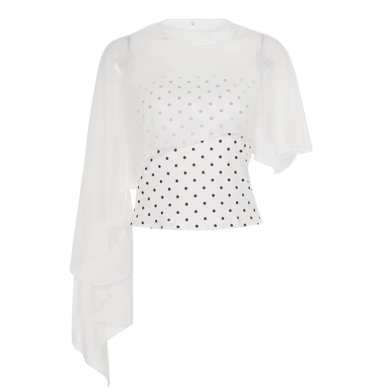 LaPose - Mariajose Asymmetric Mesh Top Set - White Color
