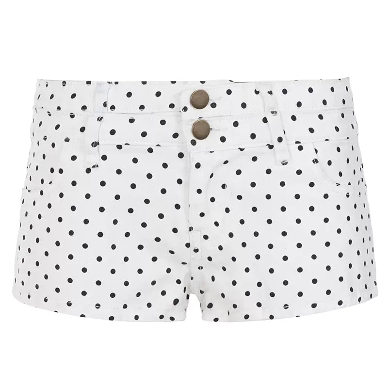 LaPose - Maureen Polka Dot Denim Shorts - White Color