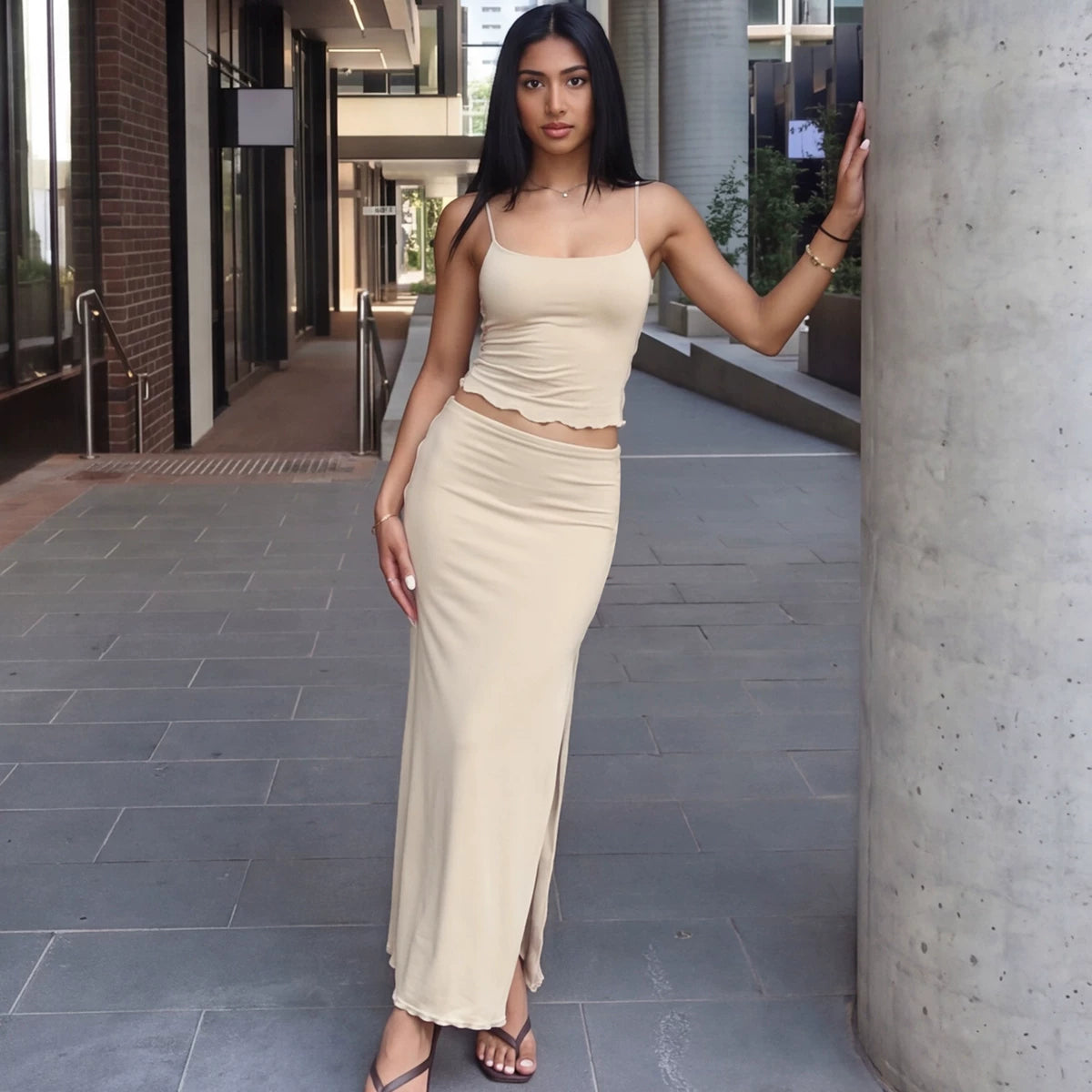 LaPose - Mckinlee Slit Maxi Skirt Set - Apricot Color
