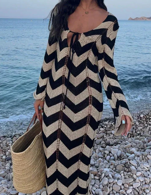 Meklit Lace-Up Colorblock Knit Maxi Dress [S3W59YO6]