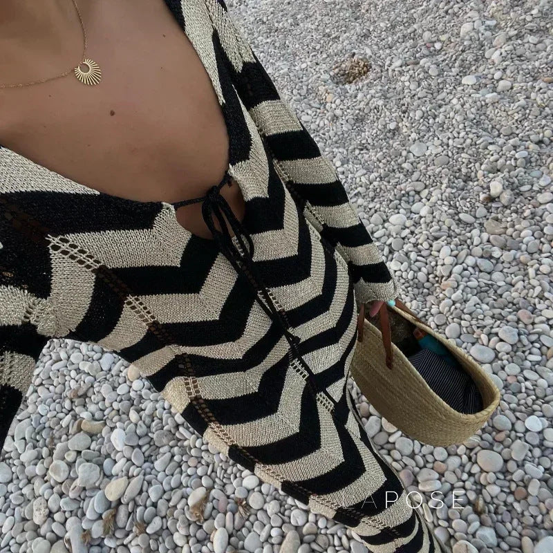 Meklit Lace-Up Colorblock Knit Maxi Dress [897PAC44]