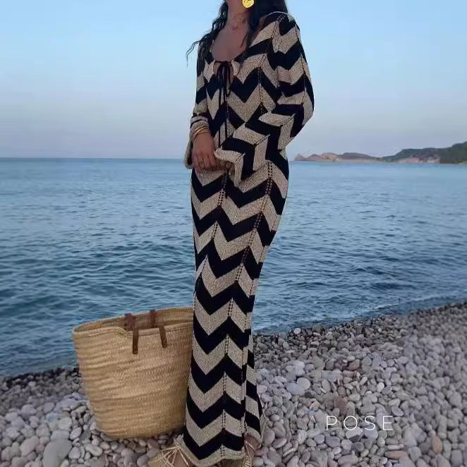 Meklit Lace-Up Colorblock Knit Maxi Dress [DCGP2I5U]