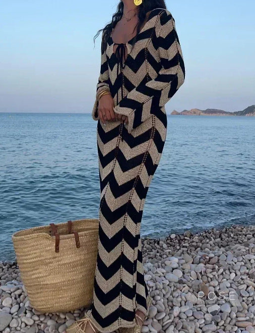 Meklit Lace-Up Colorblock Knit Maxi Dress [PL55Q14T]