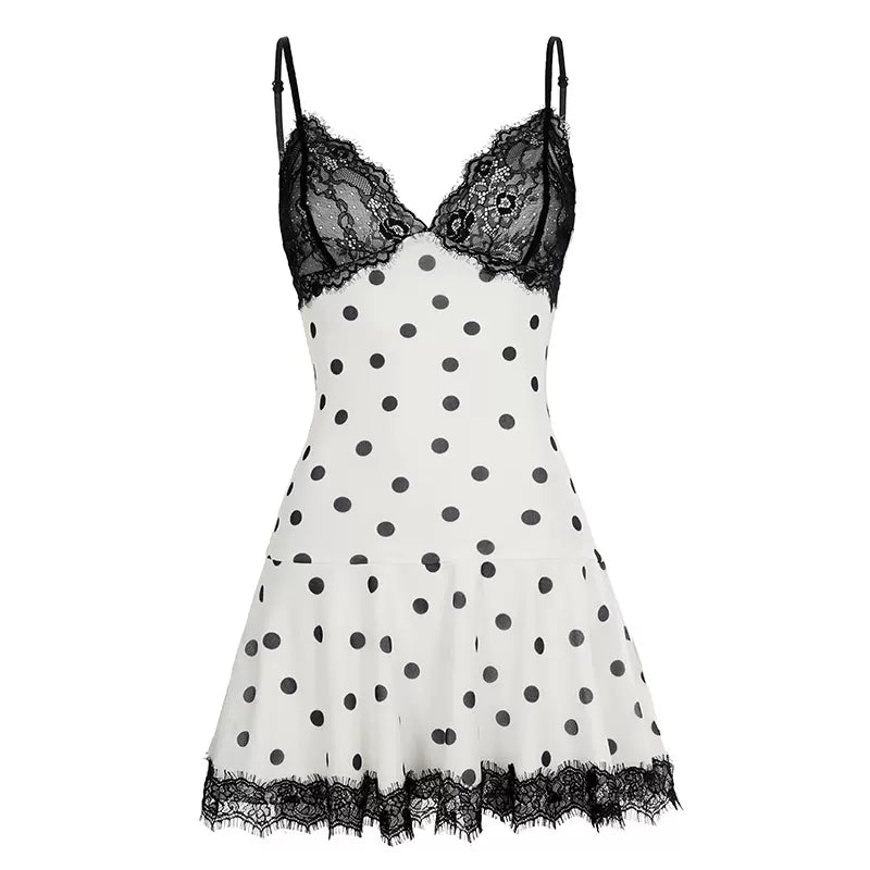 LaPose - Melanie Polka Dot Lace Mini Dress - Black and White Color