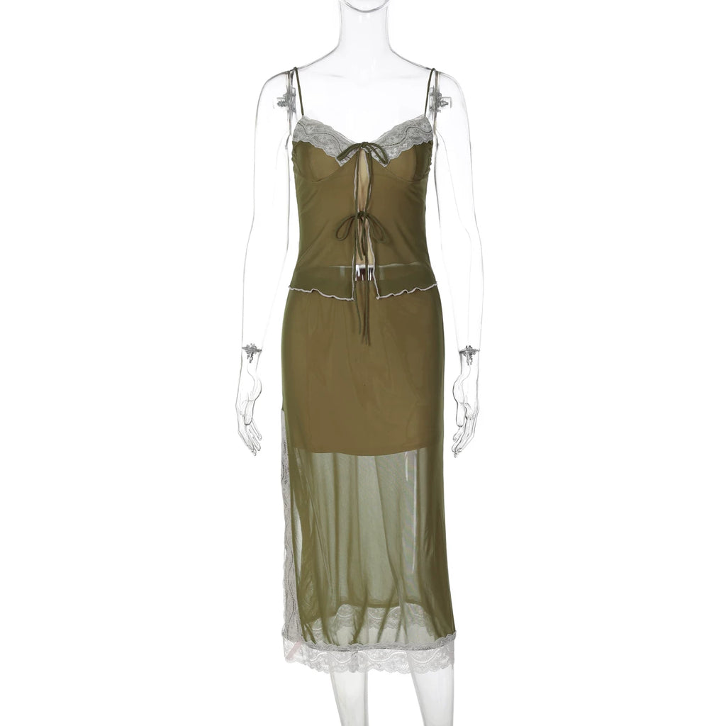LaPose - Melanny Lace Trim Skirt Set - Yellow Green Color