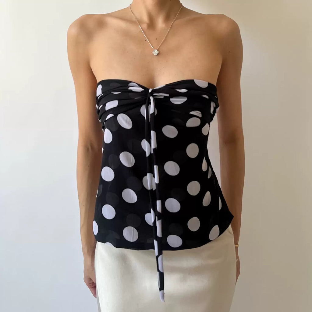 LaPose - Merritt Polka Dot Ruched Tube Top - Black Color