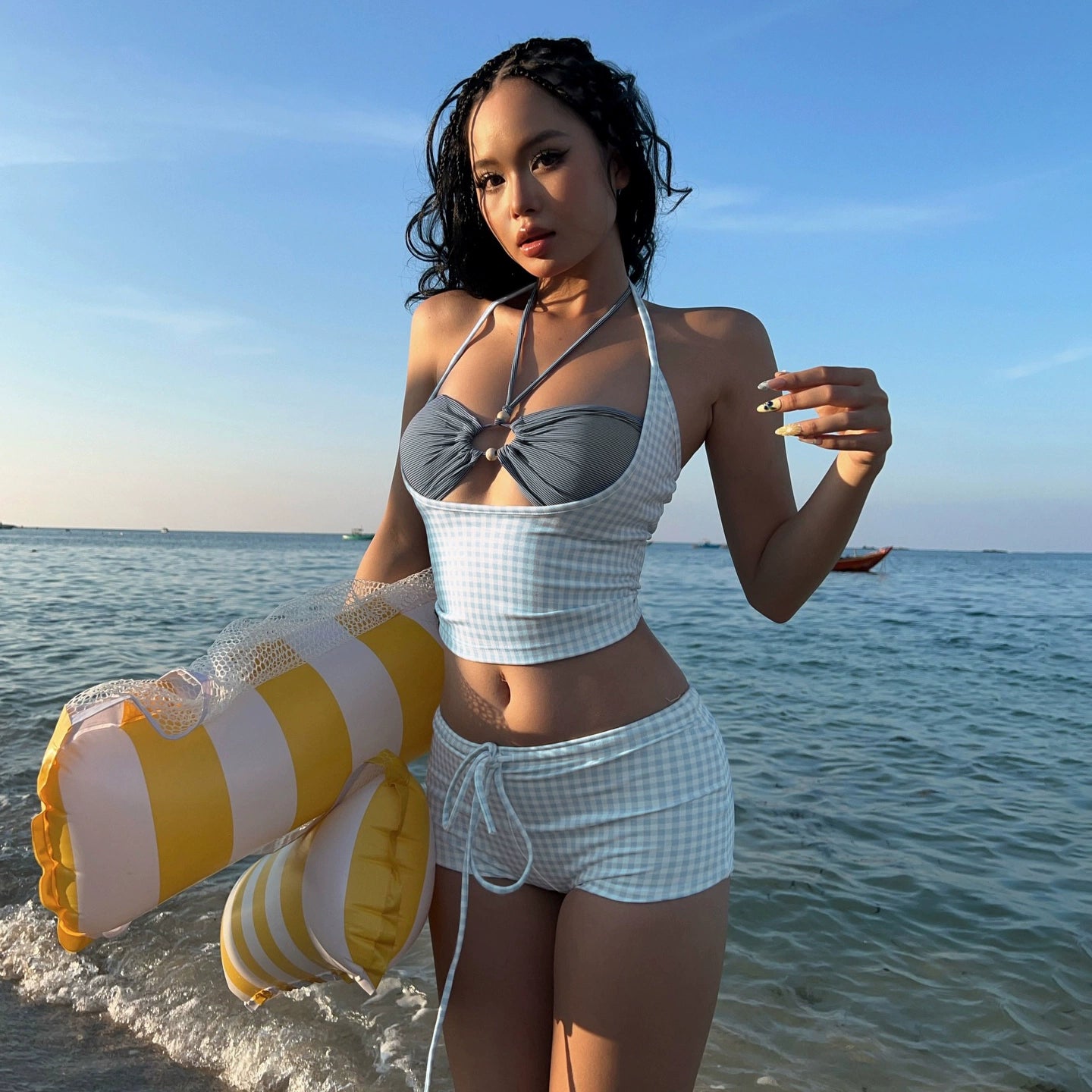 LaPose - Michaella Gingham Three Piece Swim Set - Light Blue Color