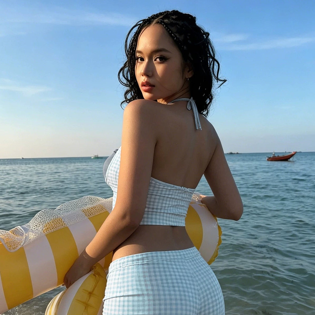 LaPose - Michaella Gingham Three Piece Swim Set