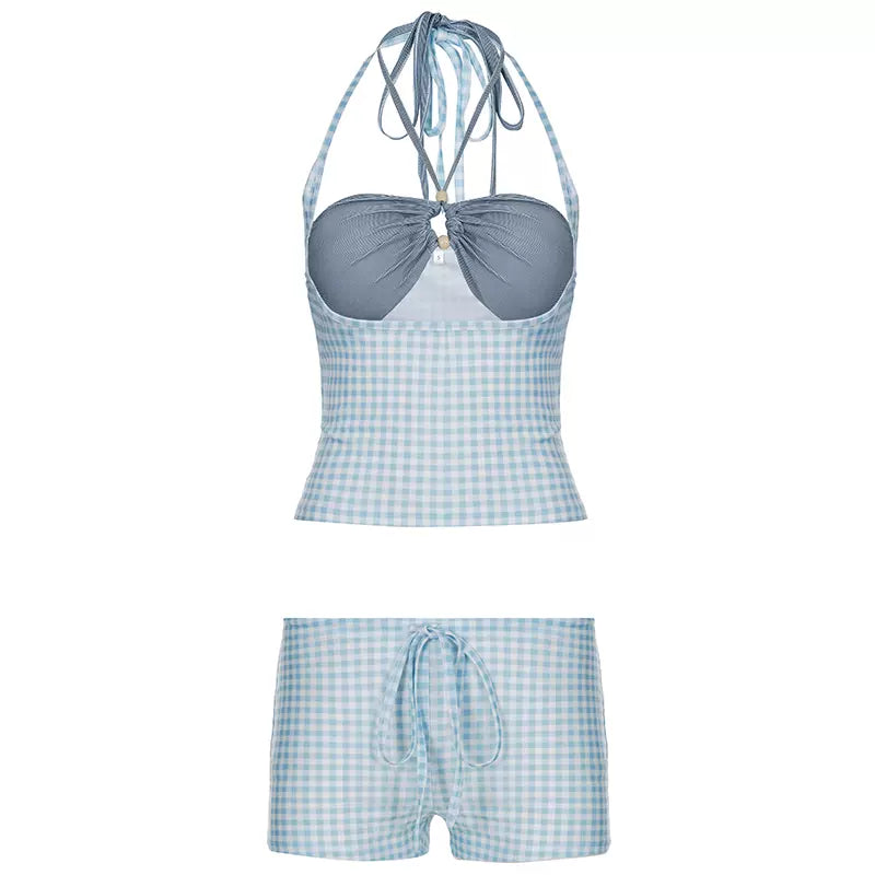 LaPose - Michaella Gingham Three Piece Swim Set - Light Blue Color