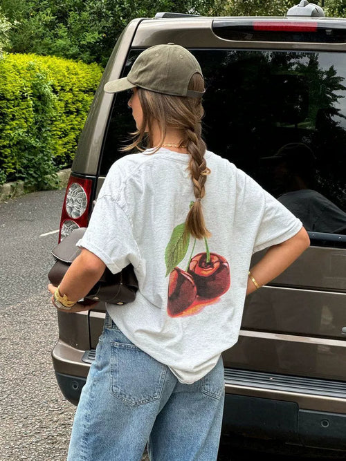 LaPose - Mila Cherry Graphic Oversized Tee - Grey Color