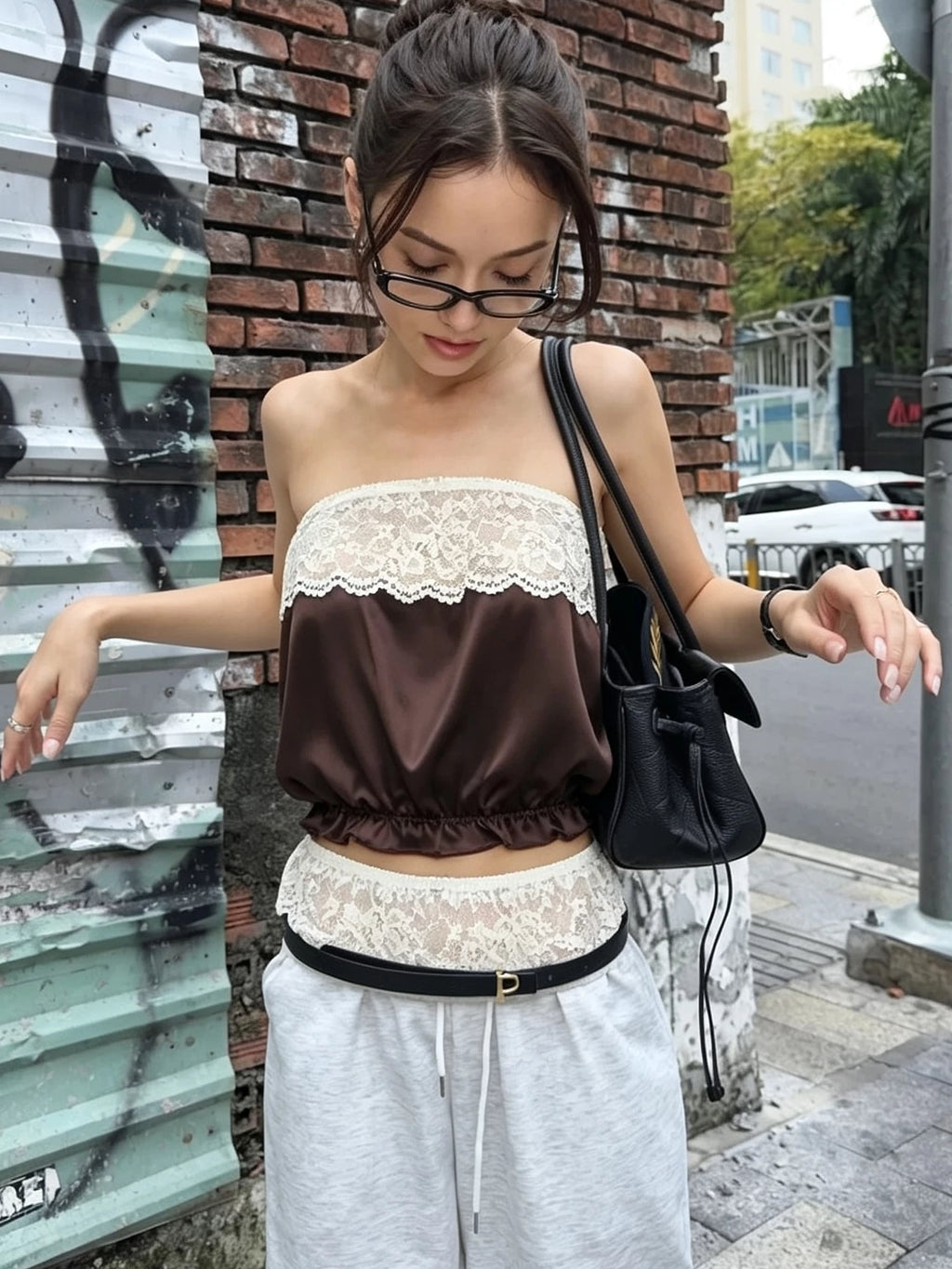 LaPose - Miliana Lace Trim Tube Top - Dark Brown Color
