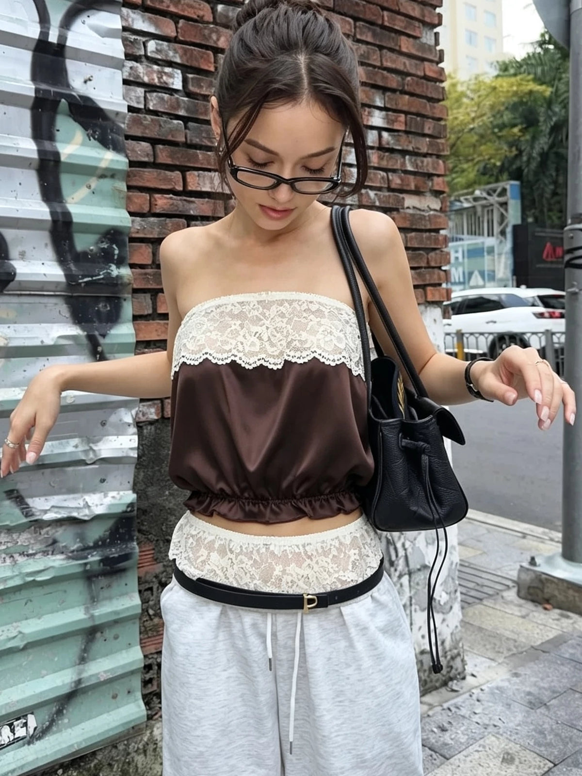 LaPose - Miliana Lace Trim Tube Top - Dark Brown Color