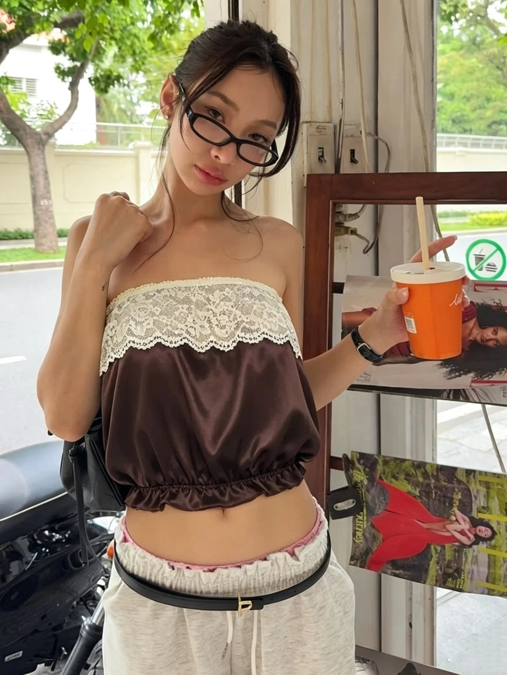 LaPose - Miliana Lace Trim Tube Top - Dark Brown Color
