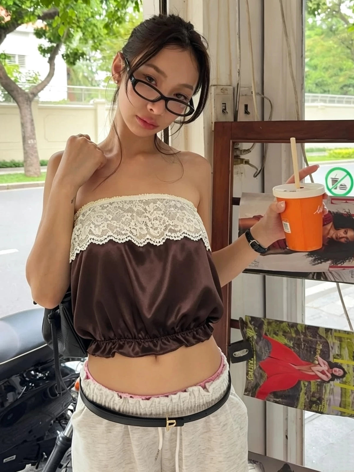 LaPose - Miliana Lace Trim Tube Top - Dark Brown Color