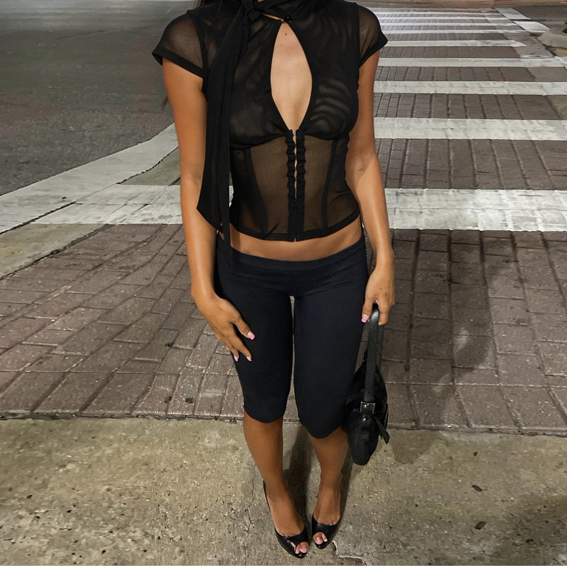 LaPose - Mirabel Sheer Mesh Keyhole Top