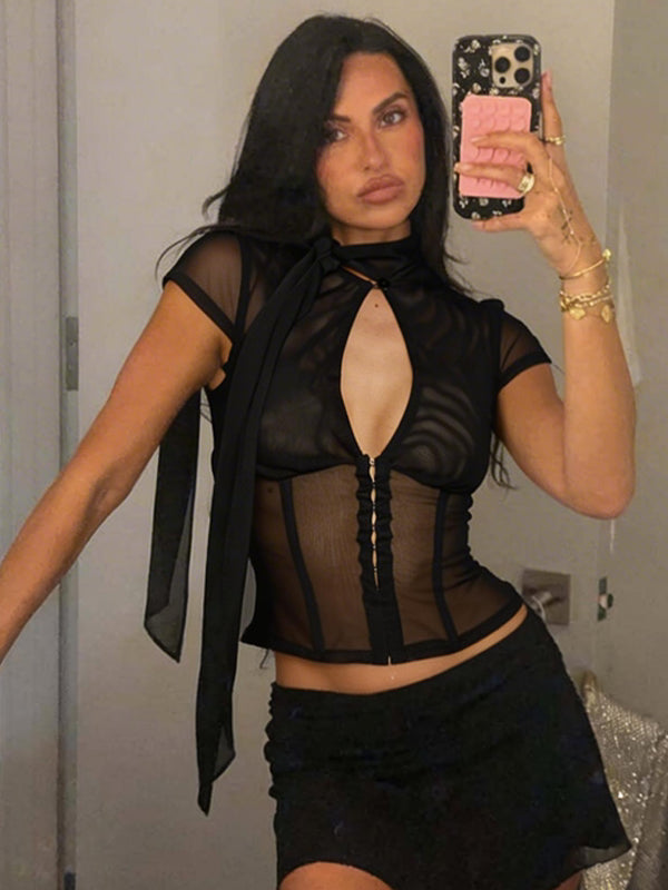 LaPose - Mirabel Sheer Mesh Keyhole Top