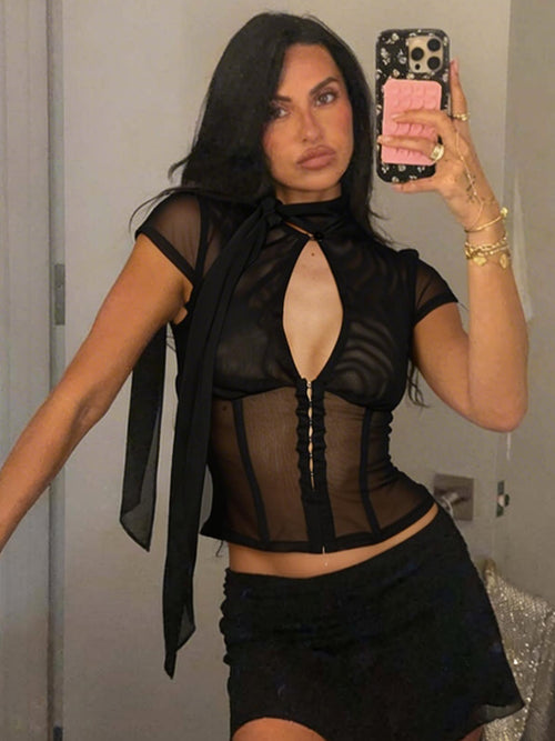 LaPose - Mirabel Sheer Mesh Keyhole Top