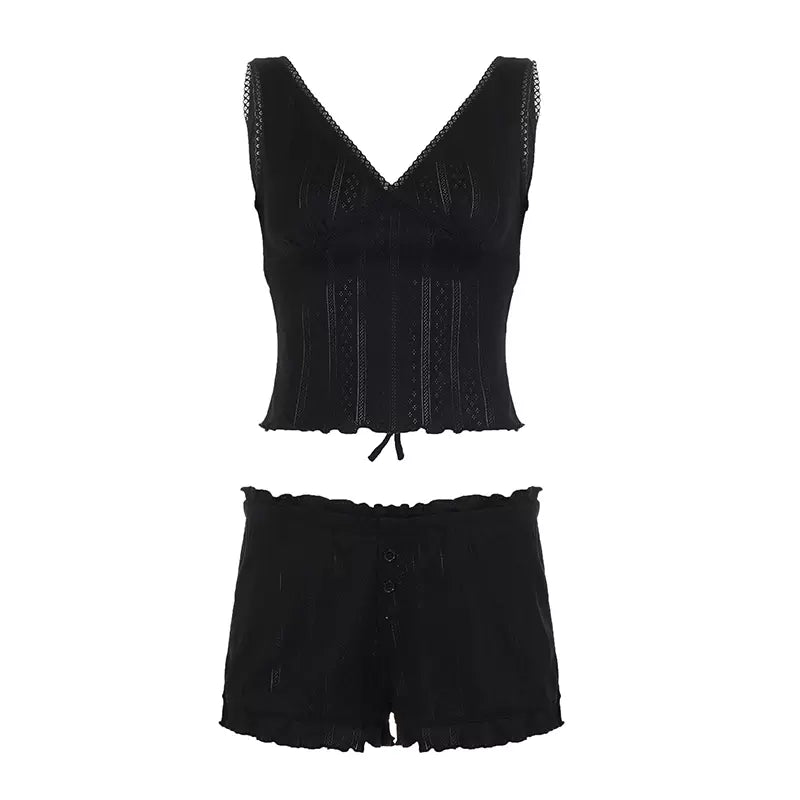 LaPose - Nariah Lace Trim Shorts Set - Black Color