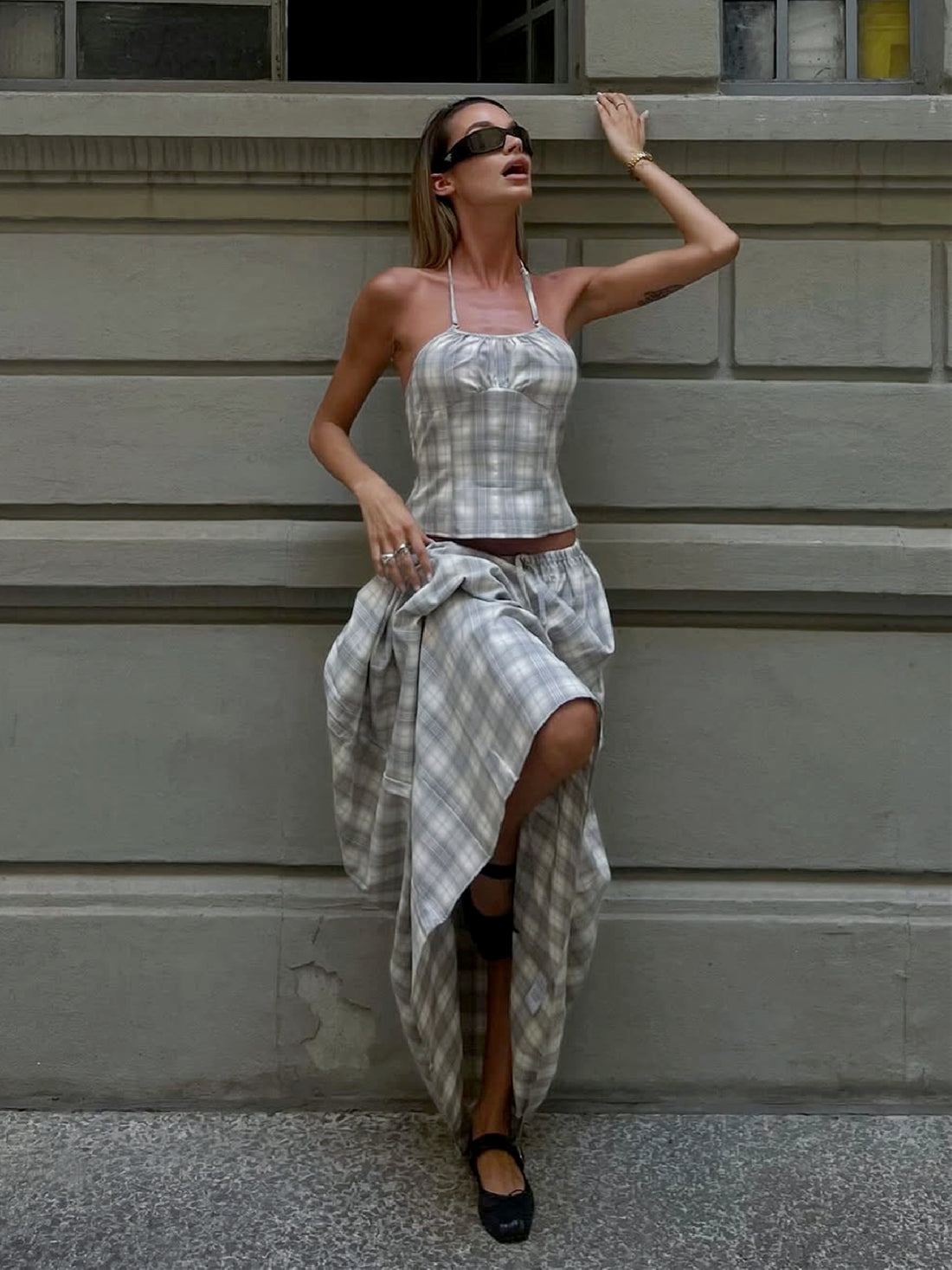Nasra Halter Plaid Skirt Set [Q0PBFRB3]