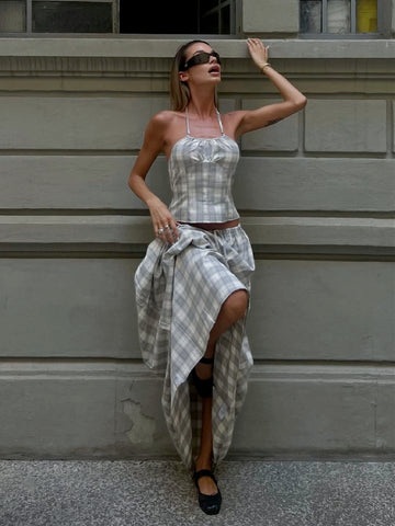 Nasra Halter Plaid Skirt Set [Q0PBFRB3]