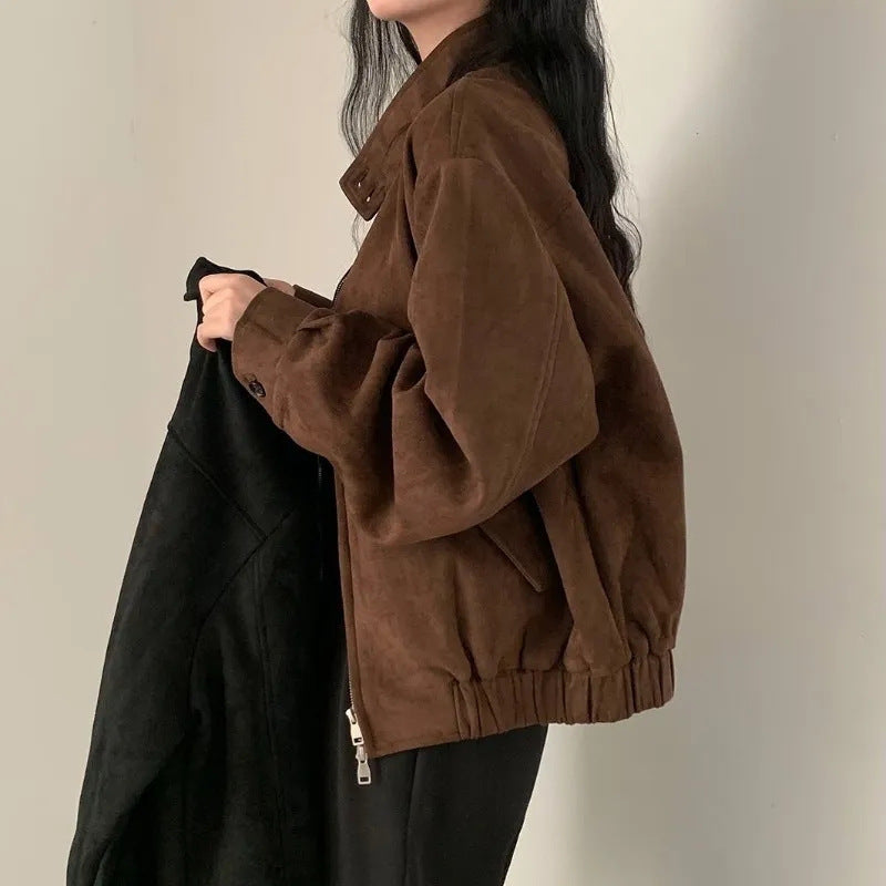 Nirvi Faux Suede Stand Collar Jacket [ZSAOOL39]