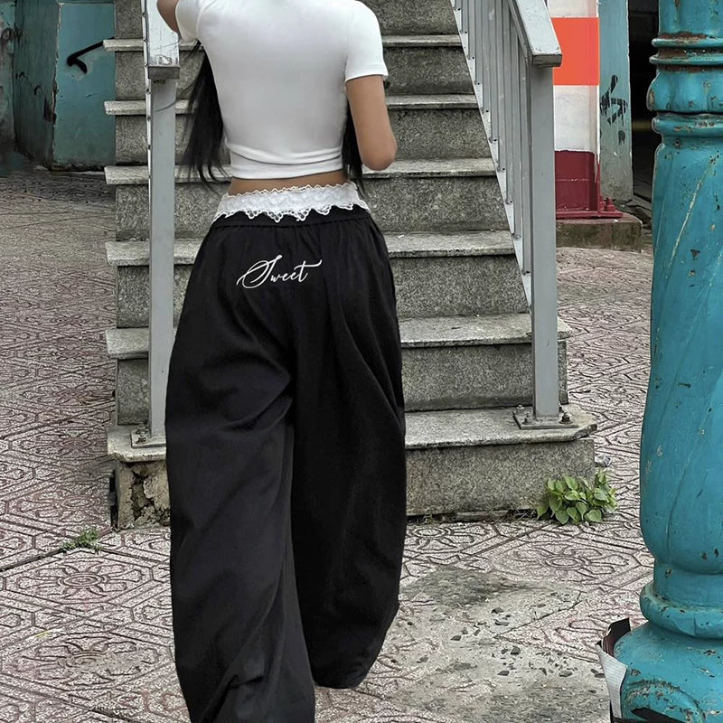 LaPose - Novalie Lace Trim Wide Leg Pants