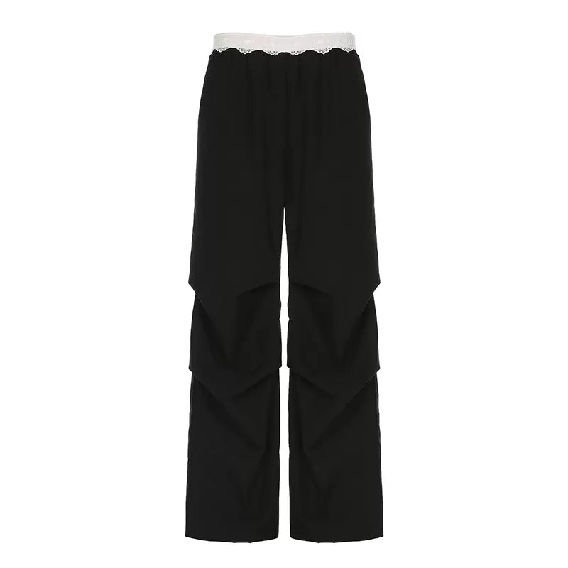 LaPose - Novalie Lace Trim Wide Leg Pants - Black Color