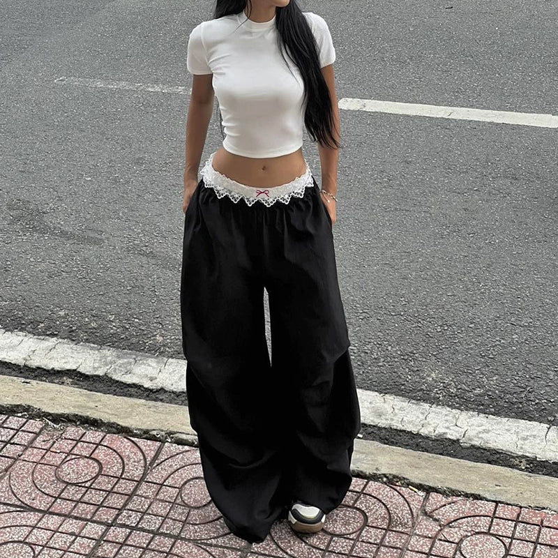 LaPose - Novalie Lace Trim Wide Leg Pants - Black Color
