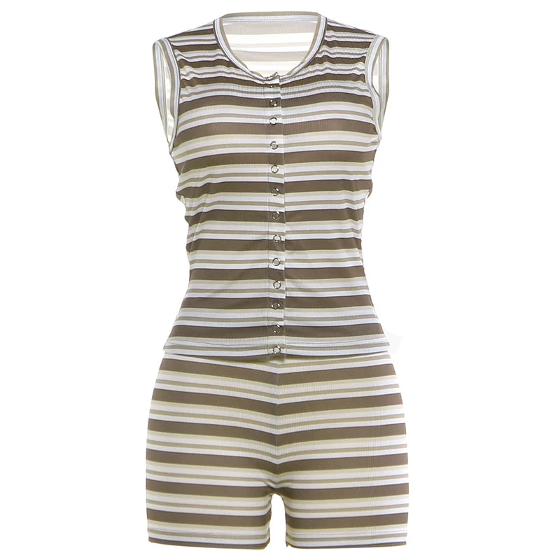 LaPose - Oliviana Striped Knit Shorts Set - Khaki Color