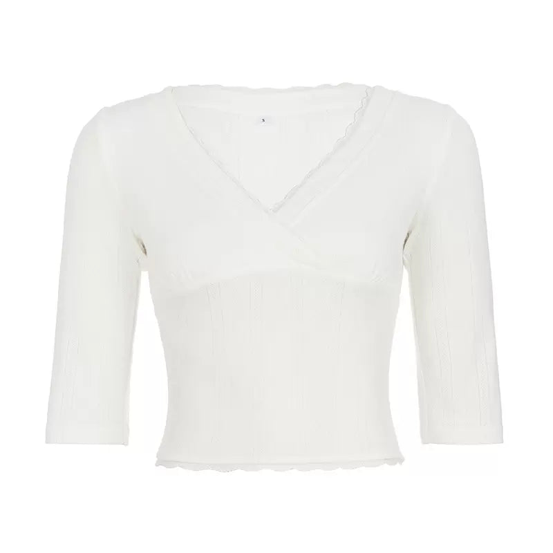 LaPose - Paityn Lace V-Neck Knit Top - White Color