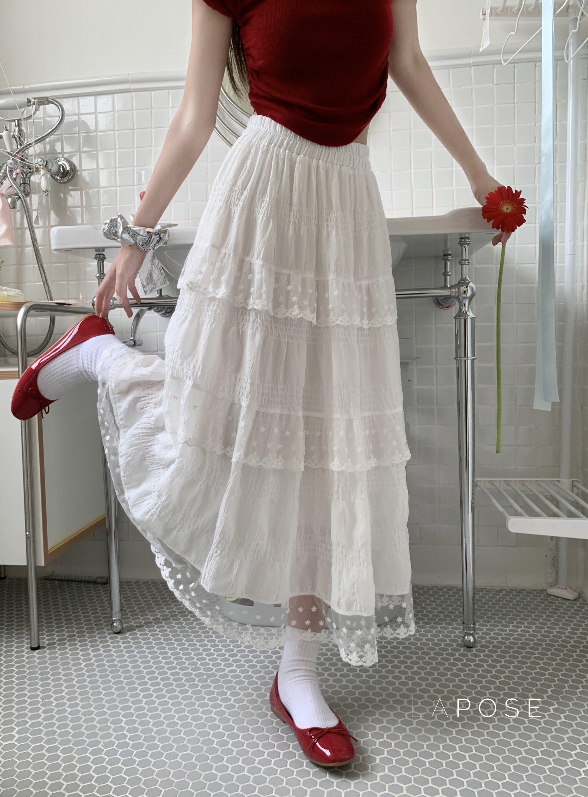 Payton White Tiered Lace Skirt [DZ7SP3EH]