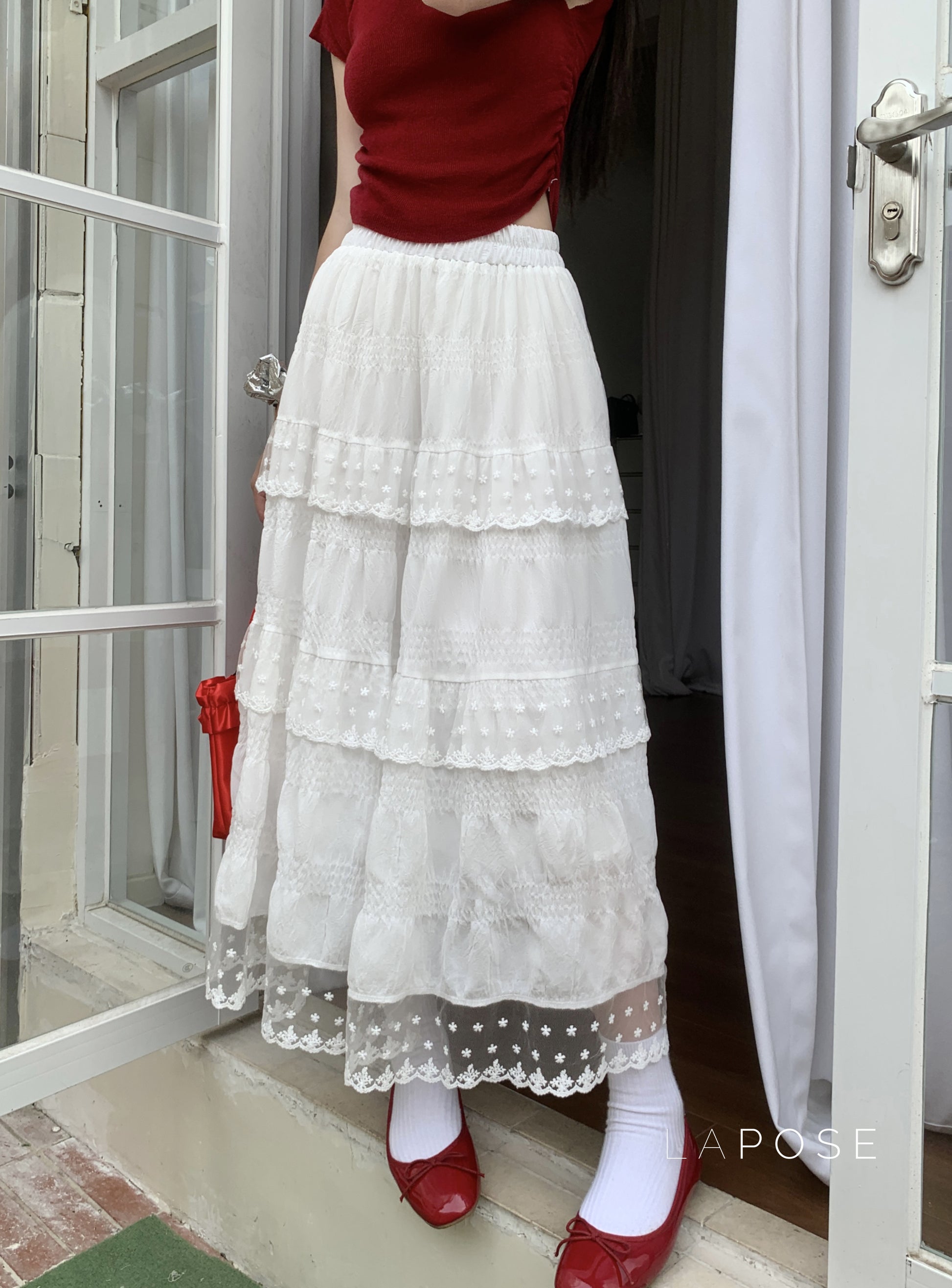 Payton White Tiered Lace Skirt [JL83V2O1]