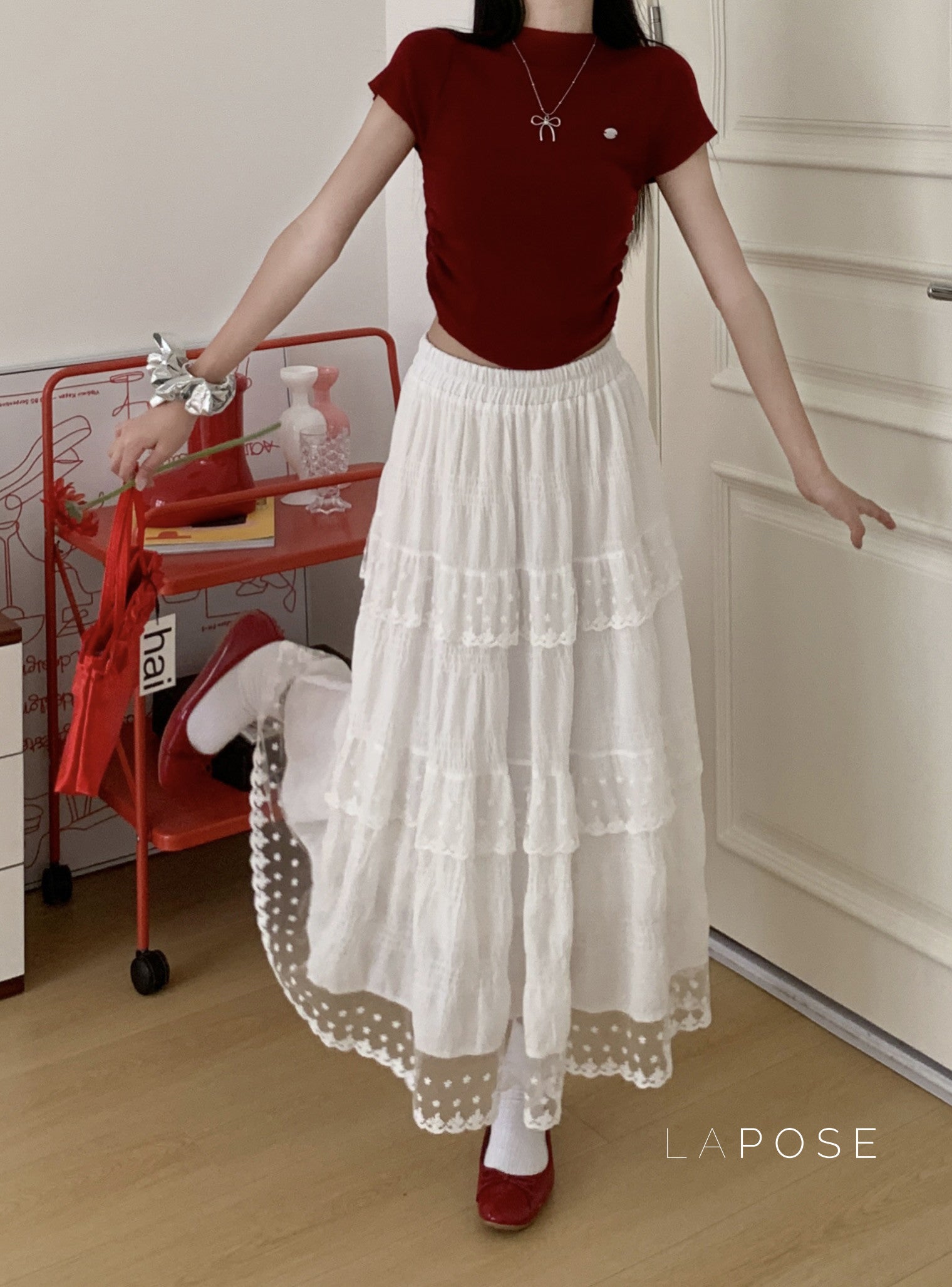 Payton White Tiered Lace Skirt [LHTN1282]
