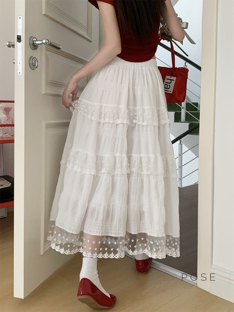 Payton White Tiered Lace Skirt [NTOD529G]