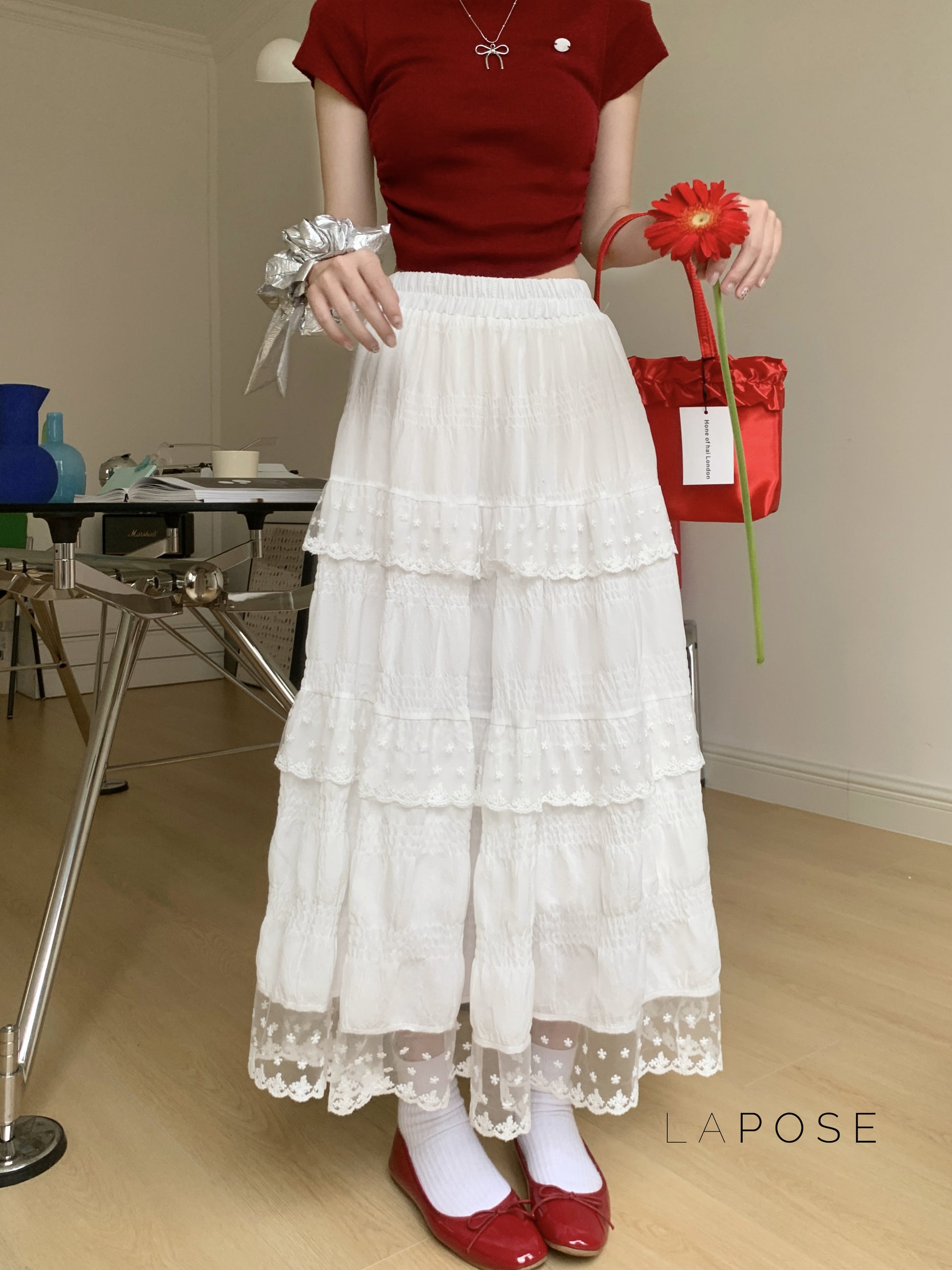 Payton White Tiered Lace Skirt [FZA7P5IN]