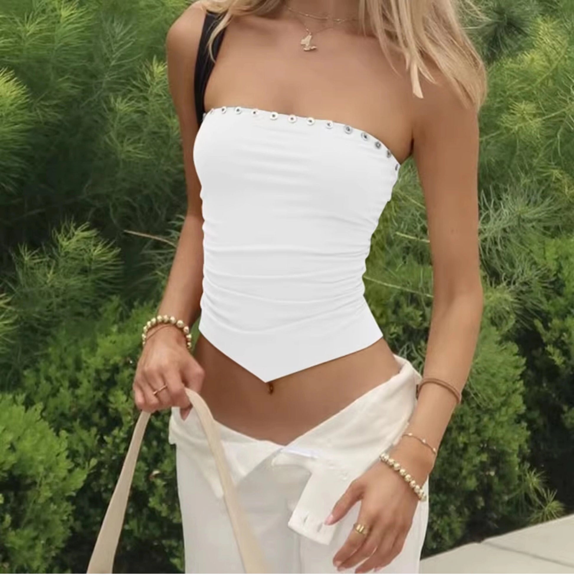 Pleated Button Trim Tube Top [ELIUIFGH]
