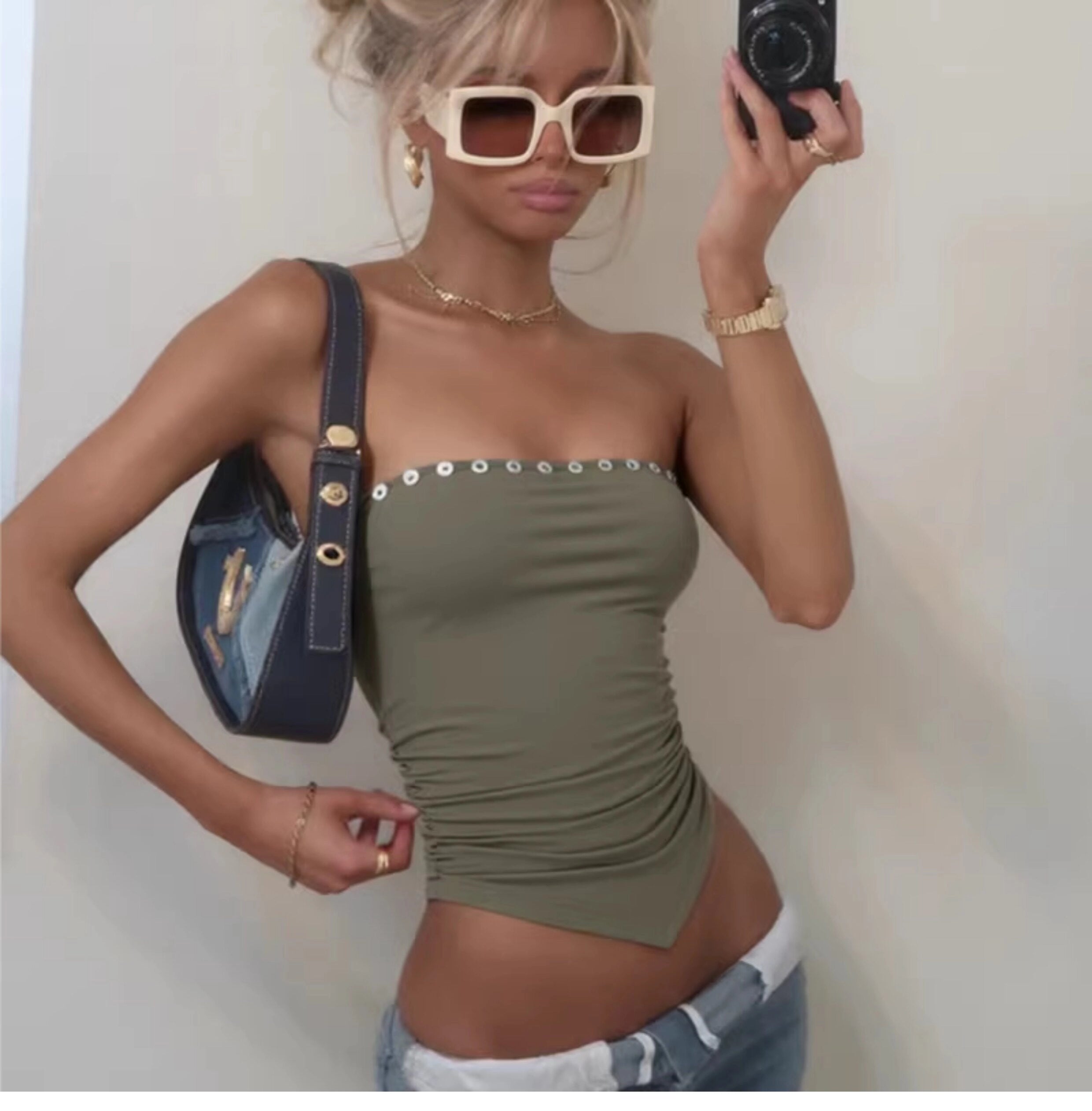 Pleated Button Trim Tube Top [DC6DF7HO]