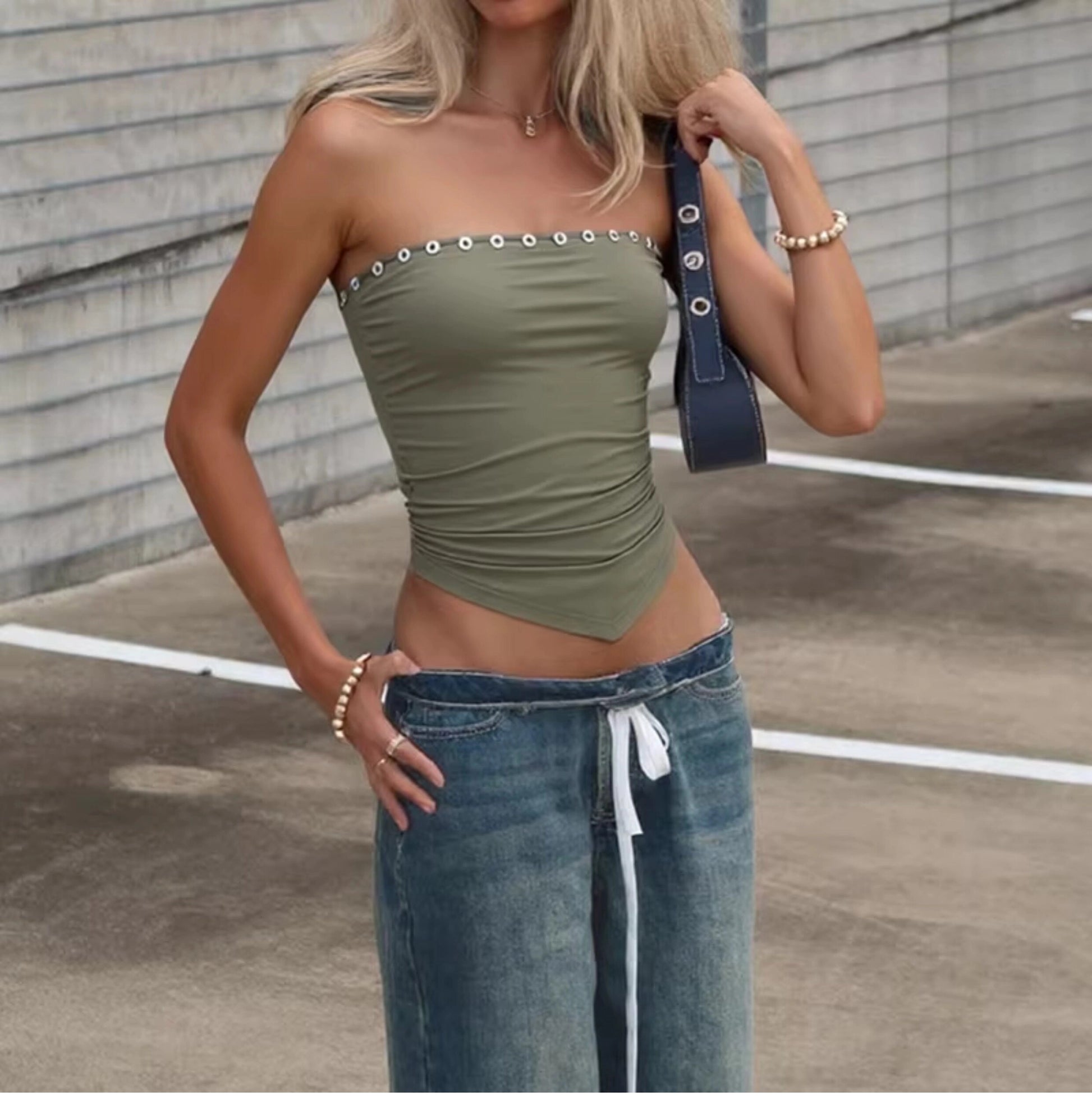 Pleated Button Trim Tube Top [KEX5IWXU]