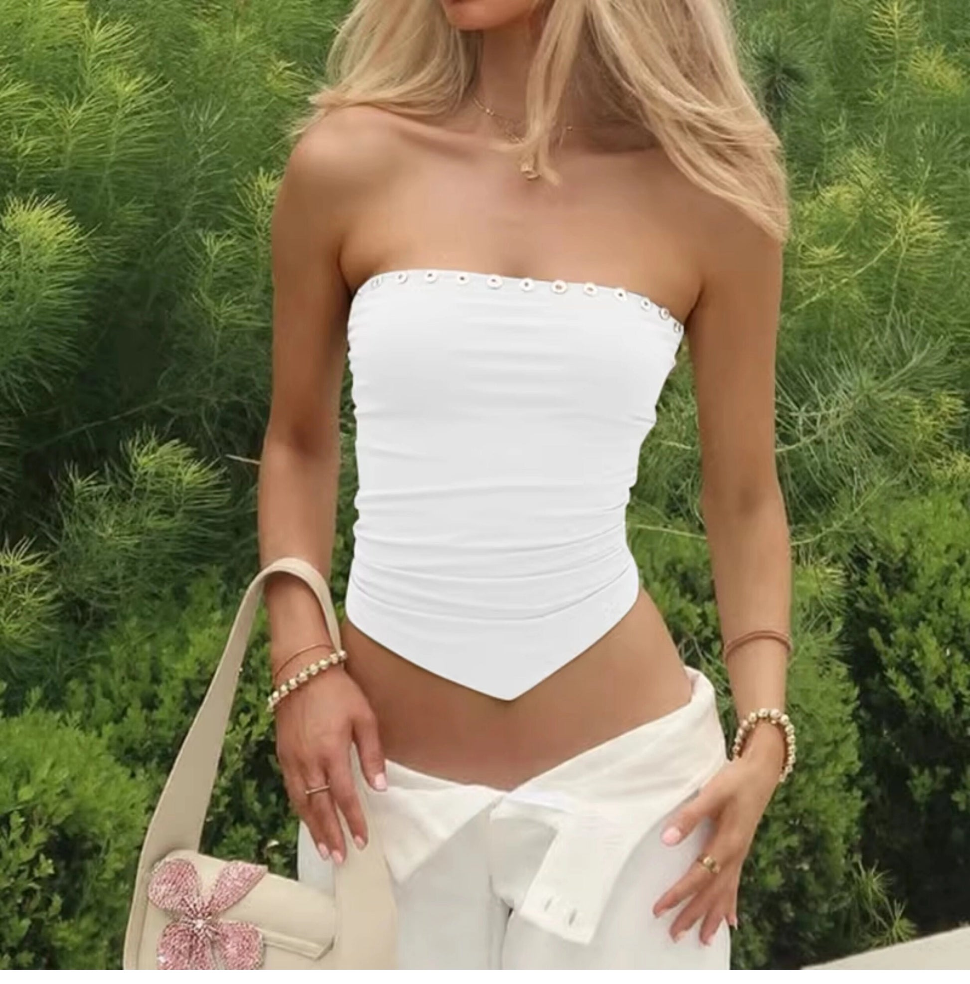 Pleated Button Trim Tube Top [BBAJM4K3]