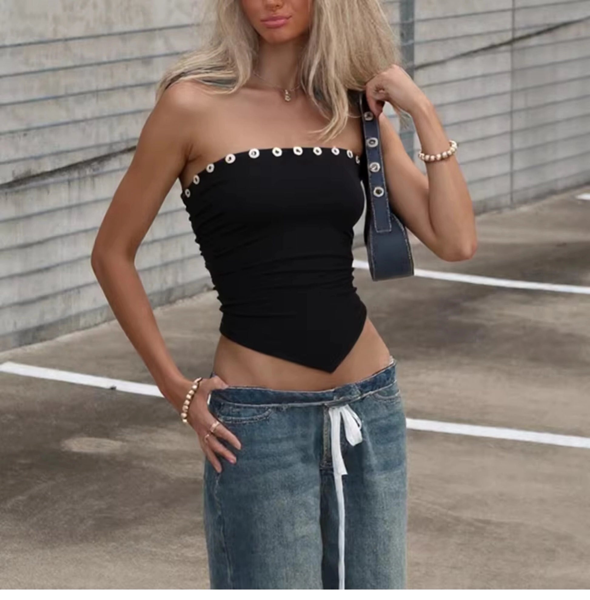 Pleated Button Trim Tube Top [90MVSUDD]