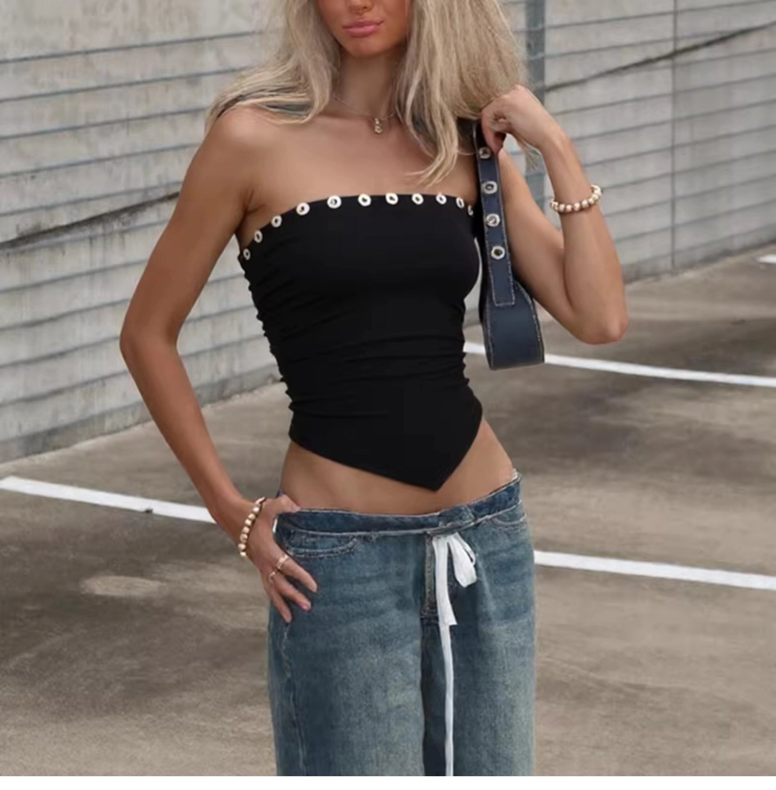 Pleated Button Trim Tube Top [90MVSUDD]
