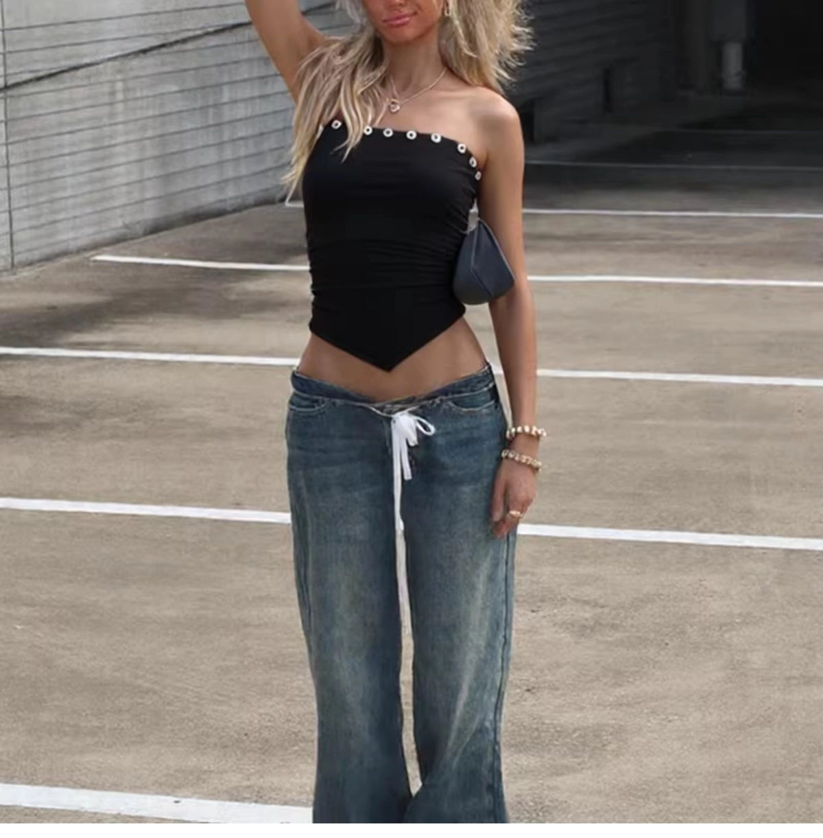 Pleated Button Trim Tube Top [B9AFDT6P]