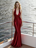 Pleated Satin Halter Maxi Dress [5BF6F550]