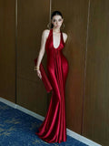 Pleated Satin Halter Maxi Dress [Z3E5F26J]